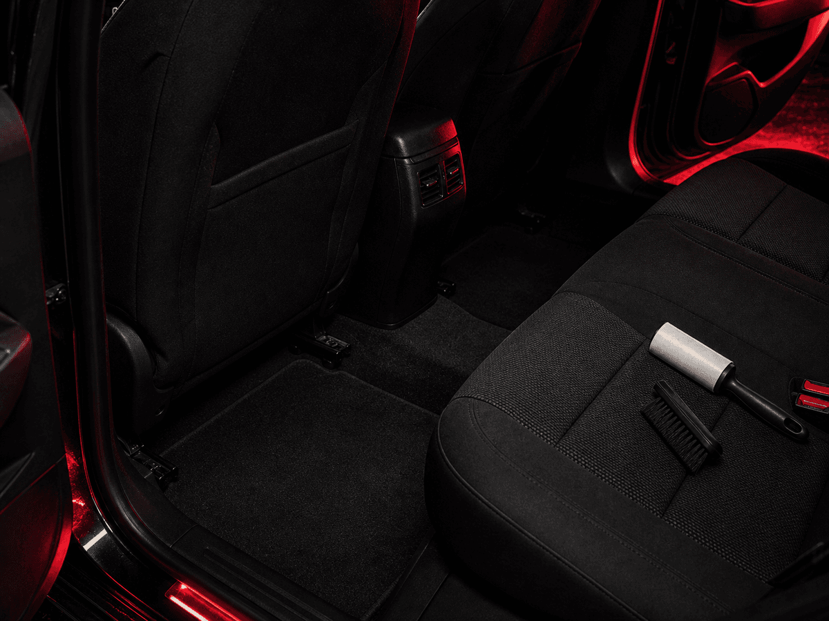 Clean vehicle interior after pet hair extraction with detailing tools nearby